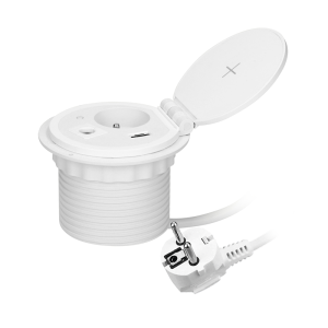 Gniazdo meblowe O8cm wpuszczane w blat z ładowarką indukcyjną, ładowarką USB z 2 gniazdami A i C, przelotką kablową i przewodem 1,8m, 1x2P+Z, 2xUSB 2,4A 5V, białe
