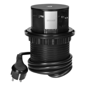 Gniazdo meblowe O10cm wysuwane z blatu z ładowarką indukcyjną, ładowarką USB i przewodem 1,5m, 3x2P+Z (Schuko), Qi 1.2.4 max. 10W, USB A+C QC 3.0