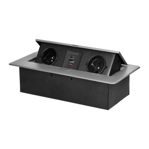 Gniazdo meblowe wpuszczane w blat z płaskim frezowanym rantem i ładowarką USB, 2x2P+Z, 2xUSB (typ A+C; 3,6A), srebrne