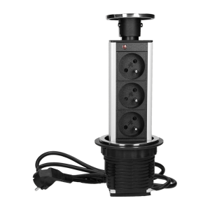 Gniazdo meblowe O8cm wysuwane z blatu, z maskownicą i przewodem 1,8m, 3x2P+Z, INOX