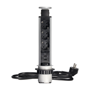 Gniazdo meblowe O6cm wysuwane z blatu z ładowarką USB, blokadą i przewodem 1,8m, 3x2P+Z (Schuko), srebrne