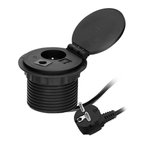Gniazdo meblowe O8cm wpuszczane w blat z ładowarką indukcyjną, ładowarką USB z 2 gniazdami A i C, przelotką kablową i przewodem 1,8m, 1x2P+Z, 2xUSB 2,4A 5V, czarne