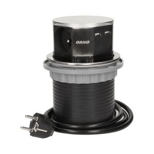 Gniazdo meblowe O10cm wysuwane z blatu z ładowarką USB i przewodem 1,5m, 3x2P+Z, 2xUSB, INOX