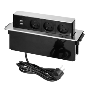 Gniazdo meblowe wysuwane z blatu z płaskim frezowanym rantem, ładowarką USB i przewodem 2m, 3 gniazda typ E, 2 x USB (2,4A), 3x1,5mm2, czarno-srebrne, INOX