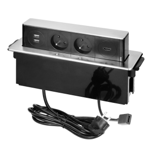 Gniazdo meblowe wysuwane z blatu z płaskim frezowanym rantem, ładowarką USB i przewodem 2m, 2x2P+Z, 2 x USB (Typ A), HDMI, 3x1,5mm2, czarno-srebrne, INOX