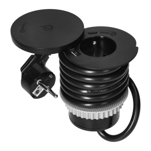 Gniazdo meblowe O6cm z rotacyjną pokrywą, ładowarką indukcyjną, ładowarką USB i przewodem 1,5m, 1x2P+Z, Qi 1.2.4 max. 10W, 2xUSB (typ A i typ C, 2,4A), czarne