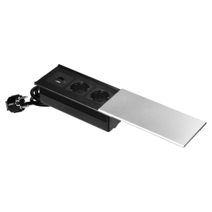 Gniazdo meblowe z przesuwną pokrywą, 2x2P+Z (Schuko), USB A+C, srebrne