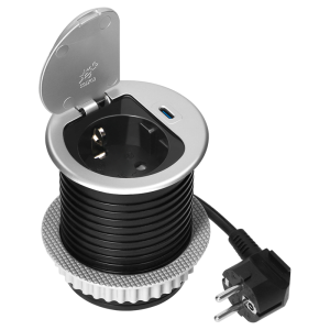 Gniazdo meblowe O6cm wpuszczane w blat z pokrywką, ładowarką USB i przewodem 1,9m, 1x2P+Z (Schuko), 1xUSB (typ C; 20W), srebrne