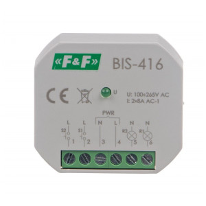 Przekaźnik impulsowy dwukanałowy 8A 2Z 230VAC, do montażu w puszcze podtynkowej fi60mm; BIS-416, F&F