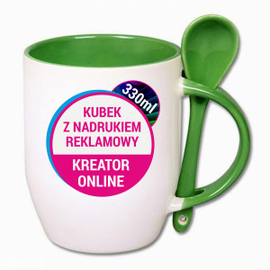 Kubek z łyżeczką kolorowy + nadruk (min. 12 SZT. jednego koloru - jeden wzór.)