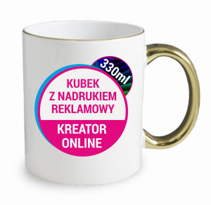 Kubek biały 330ml złoty rant i ucho + Twój nadruk