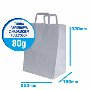 Torba papierowa 32x25x15cm 80g BIAŁA z nadrukiem fullcolor reklama-catering