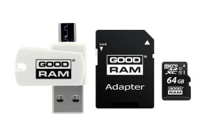 Karta pamięci z adapterem i czytnikiem kart GoodRam All in one M1A4-0640R12 (64GB; Class 10; Adapter, Czytnik kart MicroSDHC, Karta pamięci)