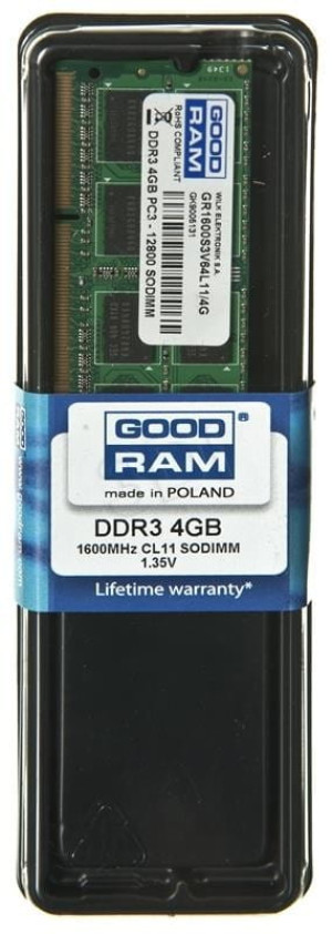 Pamięć GoodRam GR1600S3V64L11S/4G (DDR3 SO-DIMM; 1 x 4 GB; 1600 MHz; CL11)
