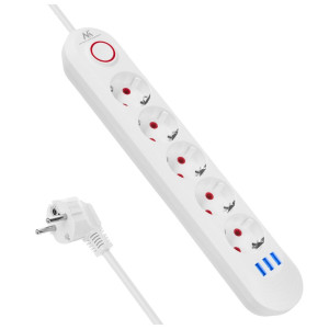 MACLEAN LISTWA ZASILAJĄCA PRZEDŁUŻACZ5 GNIAZD + 3XUSB, 110-240V AC 50/60HZ, 2.1A MAX 2500W, 1,5M, BIAŁA MCE395 W