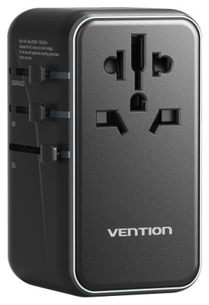 Uniwersalny adapter podróżny z ładowarką Vention 100W GaN 1x USB-A 3x USB-C czarny