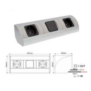 Gniazdko biurowe kolor aluminium CORNER BOX Z PRZEWODEM 1,5M 2 x 230V SCHUCO + 1 wyłącznik. Design Light CORNER-ALU-2G1W-DE-1