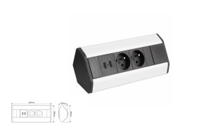 Gniazdko biurowe kolor aluminium CORNER BOX Z PRZEWODEM 1,5M 2 x 230V z bolcem + 2 x usb. Design Light CORNERBOX-ALU-2FR-U