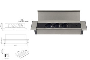 Gniazdko FLAT BOX stal drapana, 3 x gniazdo SCHUKO, 1x USB typ A, 1x USB typ C, przewód zasilający o długości 1,8 m. Design Light FLATBOX-SD-3DE-UAC-01