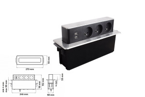 Gniazdko wyciągane z blatu prostokatne HOP BOX stal drapana, 3 x gniazdo SCHUKO, 2 x USB typ A, przewód zasilający o długości 2 m. Design Light HOPBOX-SD-3FR-U-2-01