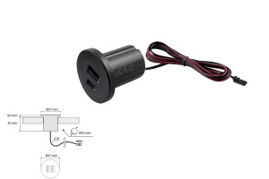 ŁADOWARKA wpuszczana do płyty meblowej gniazdo 2xUSB, wejście 12VDC 2.0A, wyjście 5VDC 2.1A kolor:czarny;kabel 2m mini wtyczka . Design Light GNI-USB-CZ-03