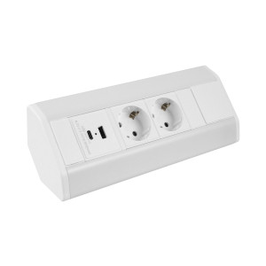 Gniazdko biurowe kolor biały CORNER BOX Z PRZEWODEM 1,8M 2 x 230V SCHUCO, 1 x USB A, 1 x USB C . Design Light CORNERBOX-BI-2DE-UAC-01