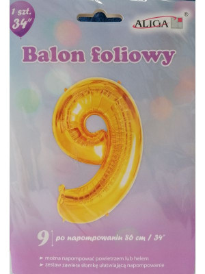 Balon Foliowy Złoty Cyferka 9 (rozmiar 86 cm) 1 szt