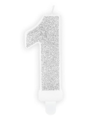 Świeczka urodzinowa cyferka "1" srebrna brokatowa