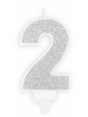 Świeczka urodzinowa cyferka "2" srebrna brokatowa
