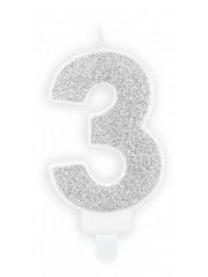 Świeczka urodzinowa cyferka "3" srebrna brokatowa
