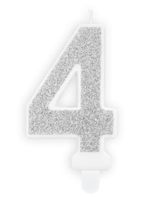 Świeczka urodzinowa cyferka "4" srebrna brokatowa