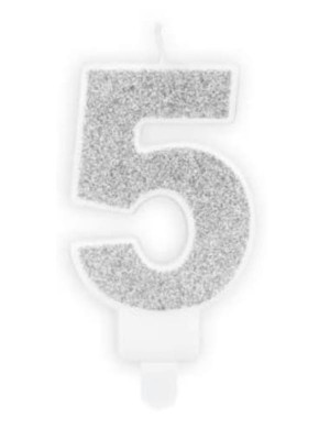 Świeczka urodzinowa cyferka "5" srebrna brokatowa