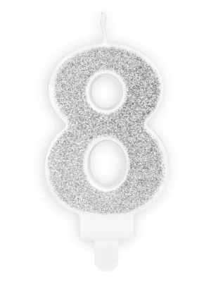 Świeczka urodzinowa cyferka "8" srebrna brokatowa