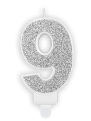 Świeczka urodzinowa cyferka "9" srebrna brokatowa