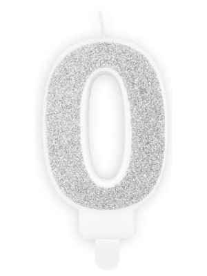 Świeczka urodzinowa cyferka "0" srebrna brokatowa