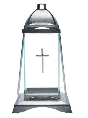 Znicz Lampion (30 cm) Glass Trapez Srebrny Krzyż