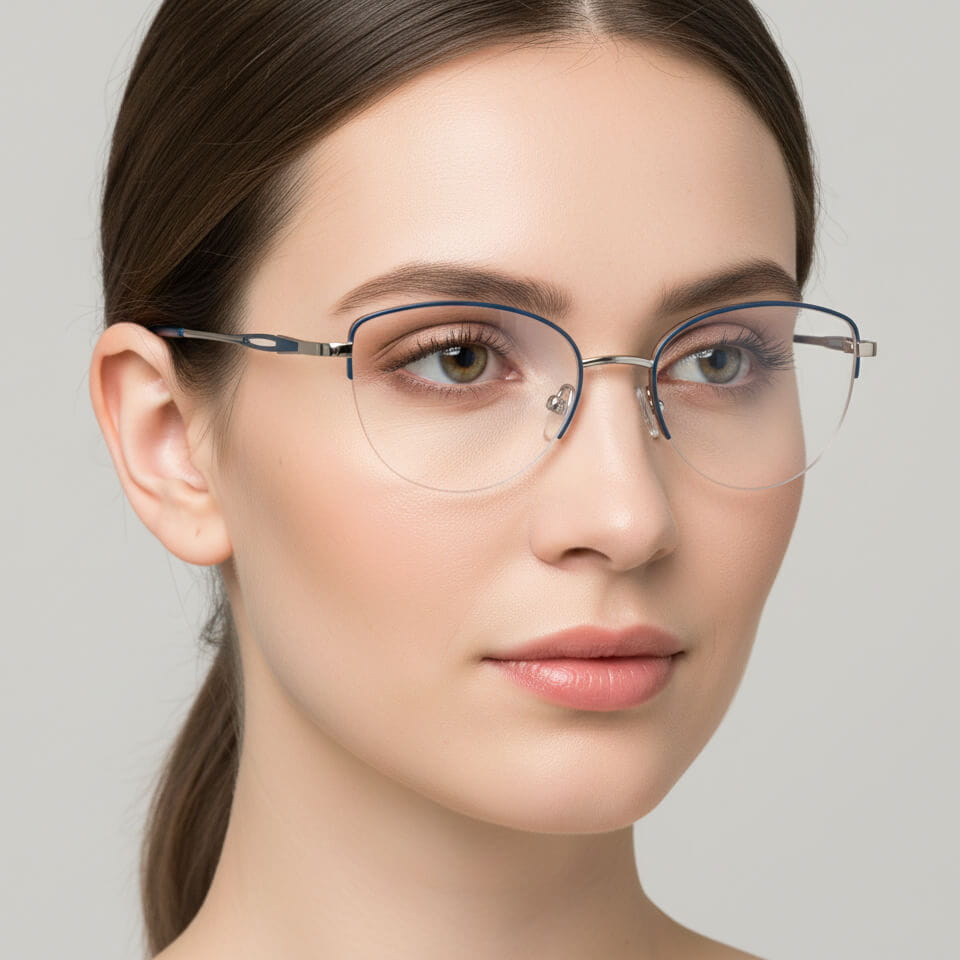 Damskie okulary żyłkowe zerówki oprawki korekcyjne kocie oczy Flex 898D granatowo-srebrne