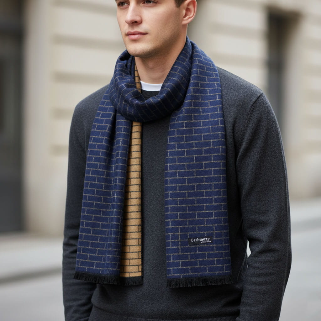 Ciepły szalik męski Cashmere w cegiełkę SZA-36 granat/beż