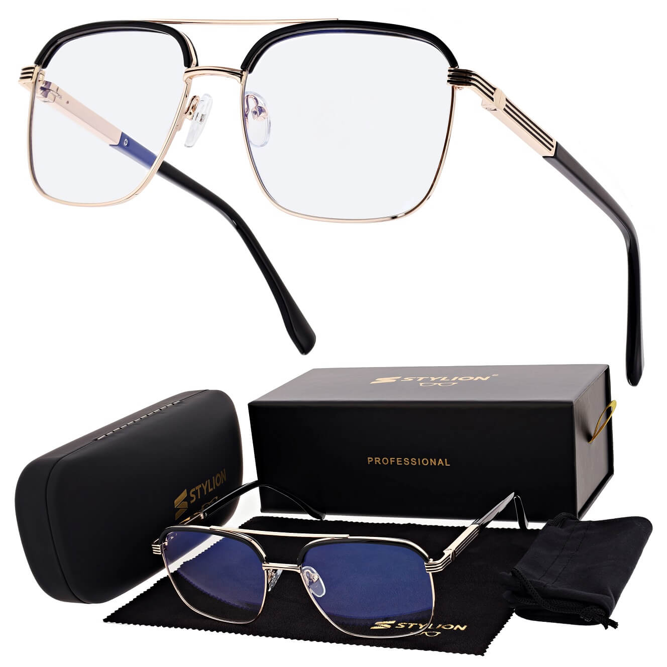 Okulary pilotki zerówki z filtrem Blue Light 25177 czarny/złoty