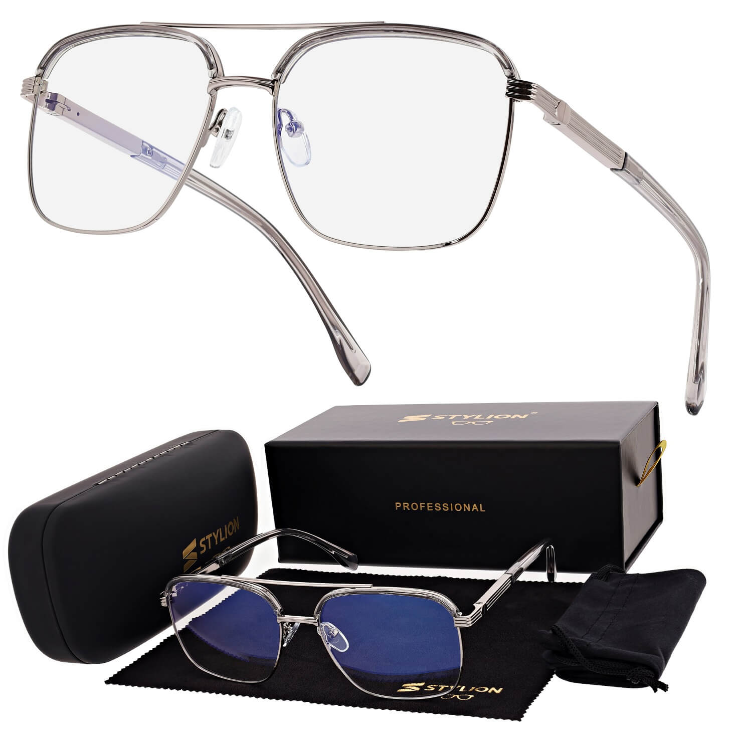 Okulary pilotki zerówki z filtrem Blue Light 25177E szary/srebrny