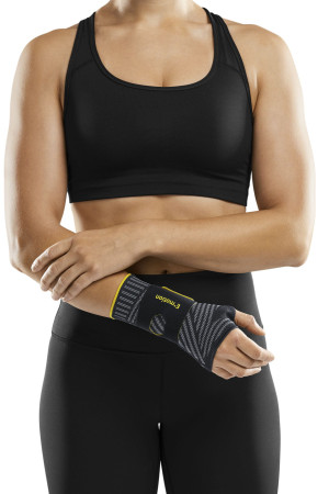Sportowy stabilizator nadgarstka Manumed active E⁺motion® 3.0, z szyną stabilizującą i dodatkową taśmą, z pelotą silikonowo-kwarcową 3D, wykonany z we