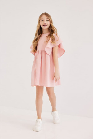 Sukienka dziewczęca z falbaniastym rękawem z kolekcji dla "Mamy i Córki" Puder Róż - All for Kids