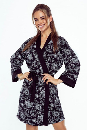 Dzianinowy szlafrok damski First Lady Shanti, czarny-kwiaty | Eldar