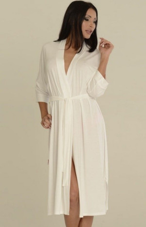 Długi szlafrok damski Visa z delikatnej dzianiny - Ecru | DeLafense - 942