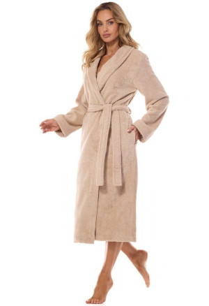 Szlafrok damski z bawełny frotte wiązany w pasie - Beżowy | L&L 2408