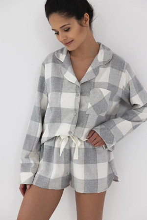 Piżama damska z kołnierzykiem w szaro-śmietankową kratkę Joanna - krótka | Sensis