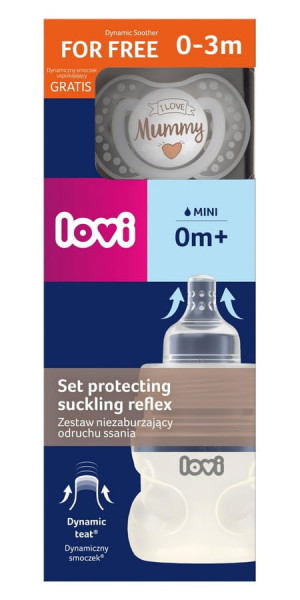 Butelka Lovi 150 ml nie zaburzająca odruchu ssania + smoczek Love Mummy