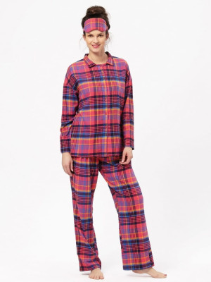 Piżama damska z kołnierzykiem, bawełniana - kratka róż | Key LNS 483