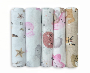 Zestaw 5szt pieluszek dla niemowląt – flanelowe i tetrowe we wzorki | Dolce Sonno - zestaw 3