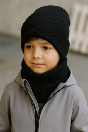 Komplet czapka z kominem dla niemowląt i dzieci, Czarny Prążek - Dolce Sonno